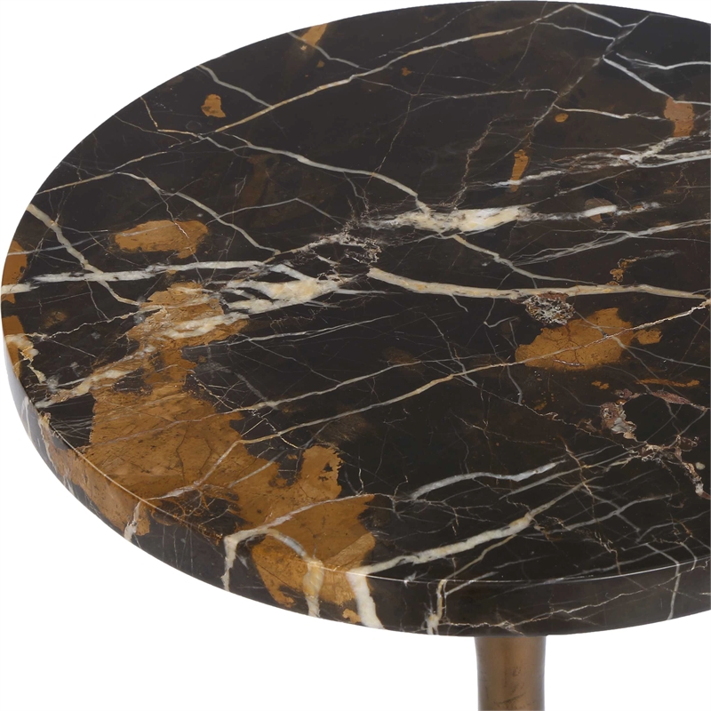 Pemberly Row Dark Italian Marble Round Drink Table with Iron Base in Black