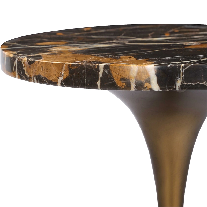 Pemberly Row Dark Italian Marble Round Drink Table with Iron Base in Black