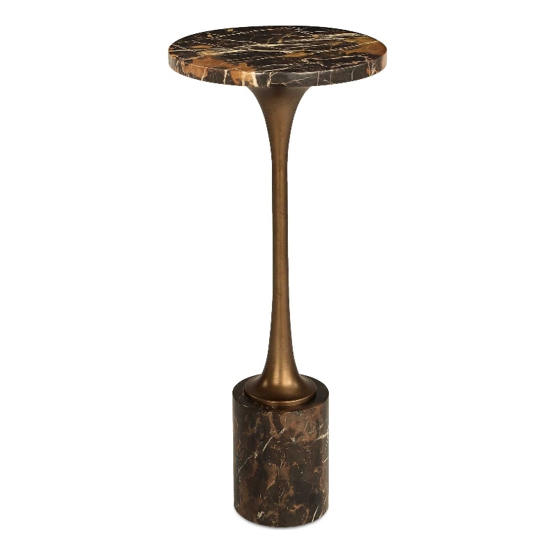 Pemberly Row Dark Italian Marble Round Drink Table with Iron Base in Black