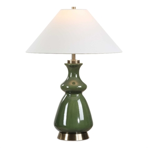 Pemberly Row Glazed Ceramic Table Lamp with Linen Shade in Green