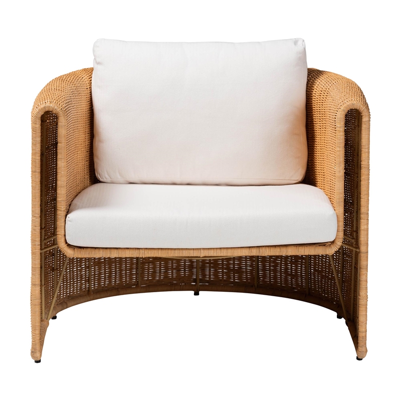Pemberly Row Handwoven Natural Rattan Barrel Armchair with Cushion