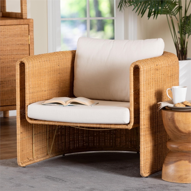Pemberly Row Handwoven Natural Rattan Barrel Armchair with Cushion