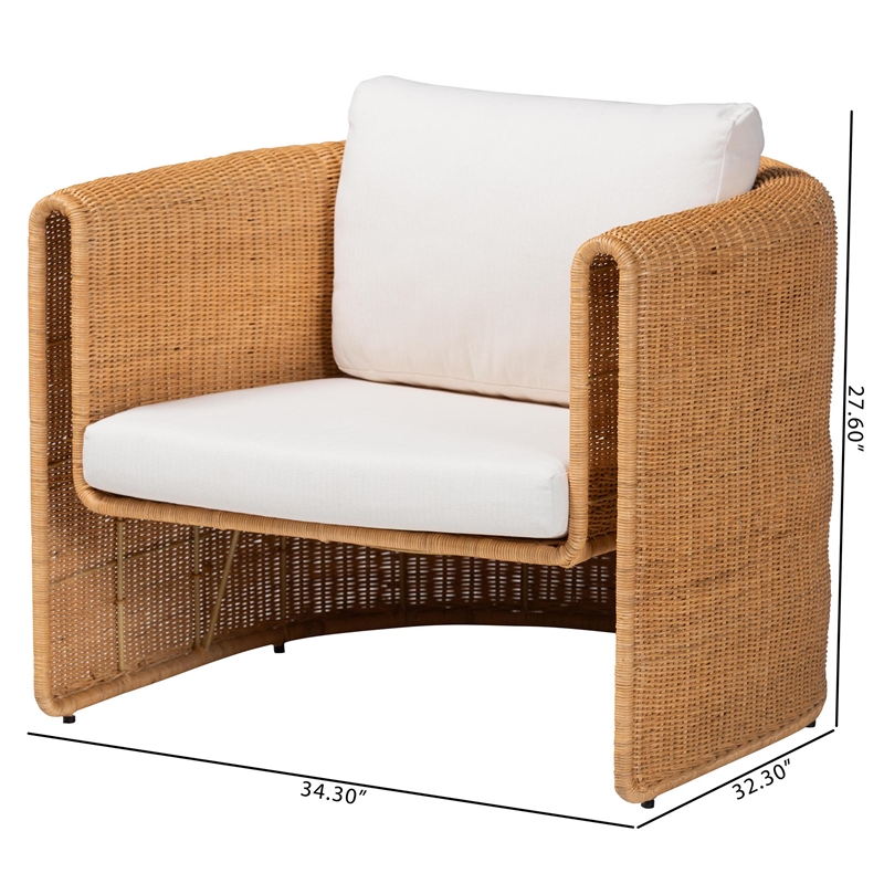 Pemberly Row Handwoven Natural Rattan Barrel Armchair with Cushion