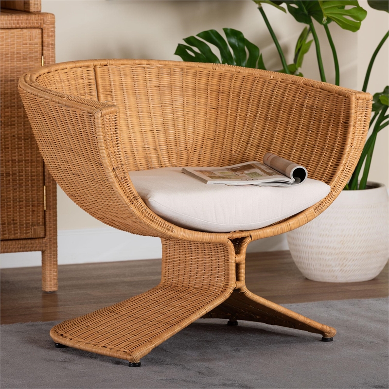 Pemberly Row Handwoven Natural Rattan Lounge Chair with Removable Cushion