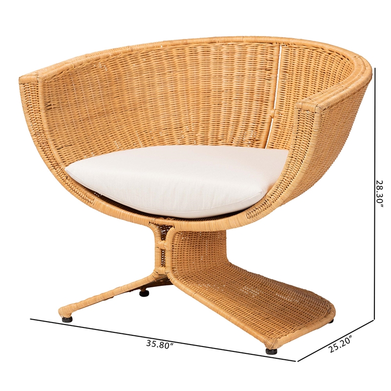 Pemberly Row Handwoven Natural Rattan Lounge Chair with Removable Cushion