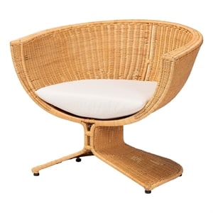 Pemberly Row Handwoven Natural Rattan Lounge Chair with Removable Cushion