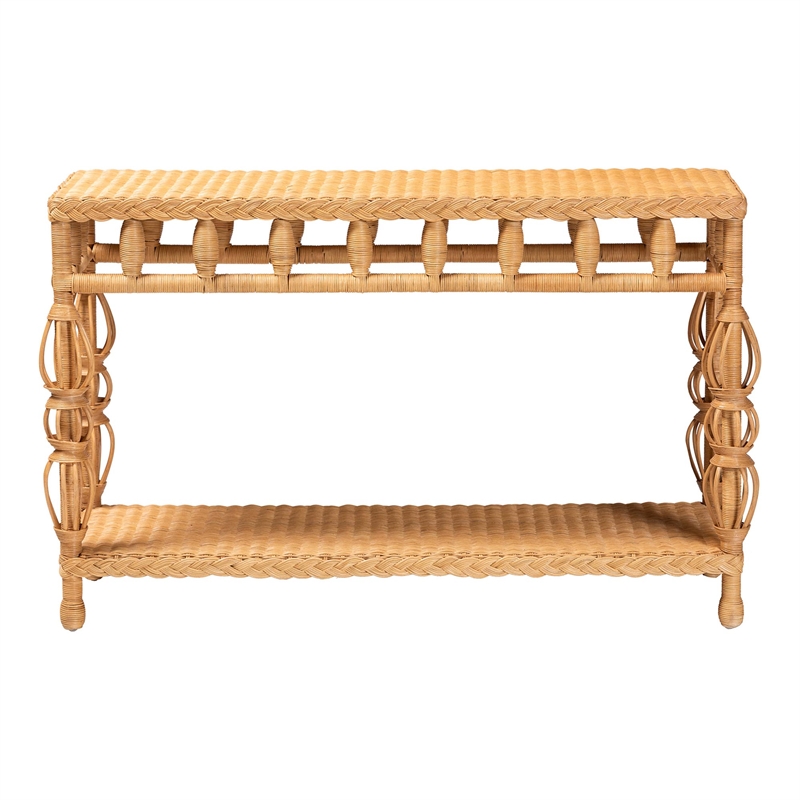 Pemberly Row Handwoven Natural Rattan Console Table with Open Shelf