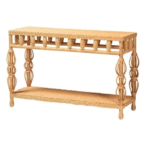Pemberly Row Handwoven Natural Rattan Console Table with Open Shelf