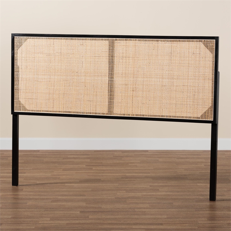 Pemberly Row Black Bayur Wood and Natural Rattan Queen Headboard