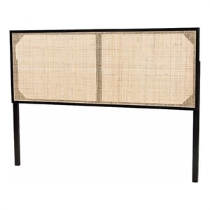 Pemberly Row Black Bayur Wood and Natural Rattan Queen Headboard