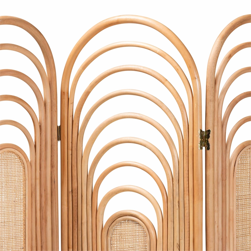 Pemberly Row Natural Brown Rattan Trifold Room Divider with Openwork