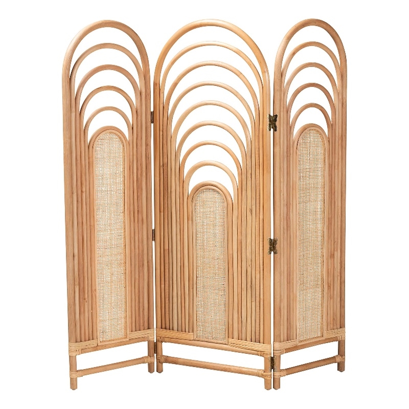 Pemberly Row Natural Brown Rattan Trifold Room Divider with Openwork