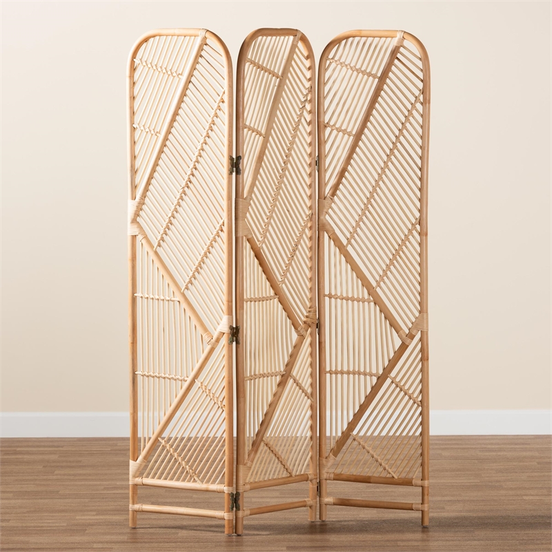 Pemberly Row Natural Brown Rattan Trifold Room Divider with Geometric Design