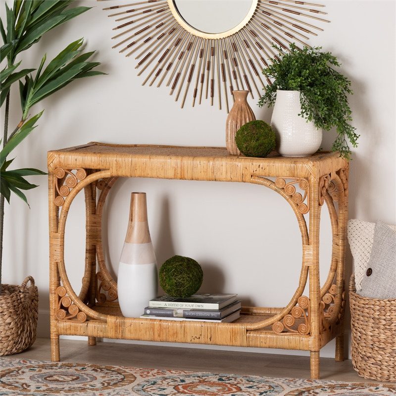 Pemberly Row 1-Shelf Rattan Console Table in Light Honey Brown