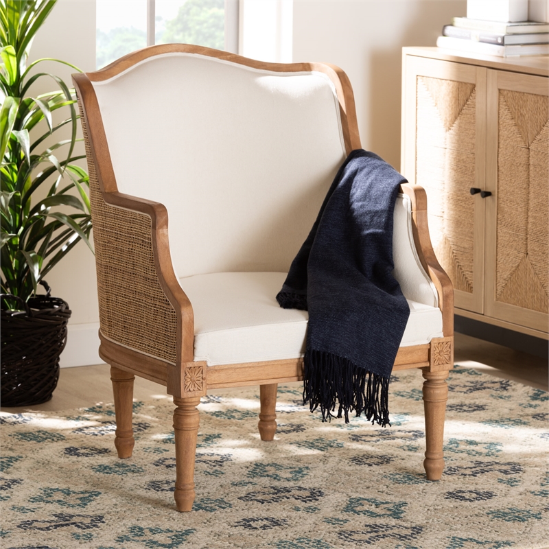 Pemberly Row Beige Fabric and Honey Oak Bayur Wood Accent Chair