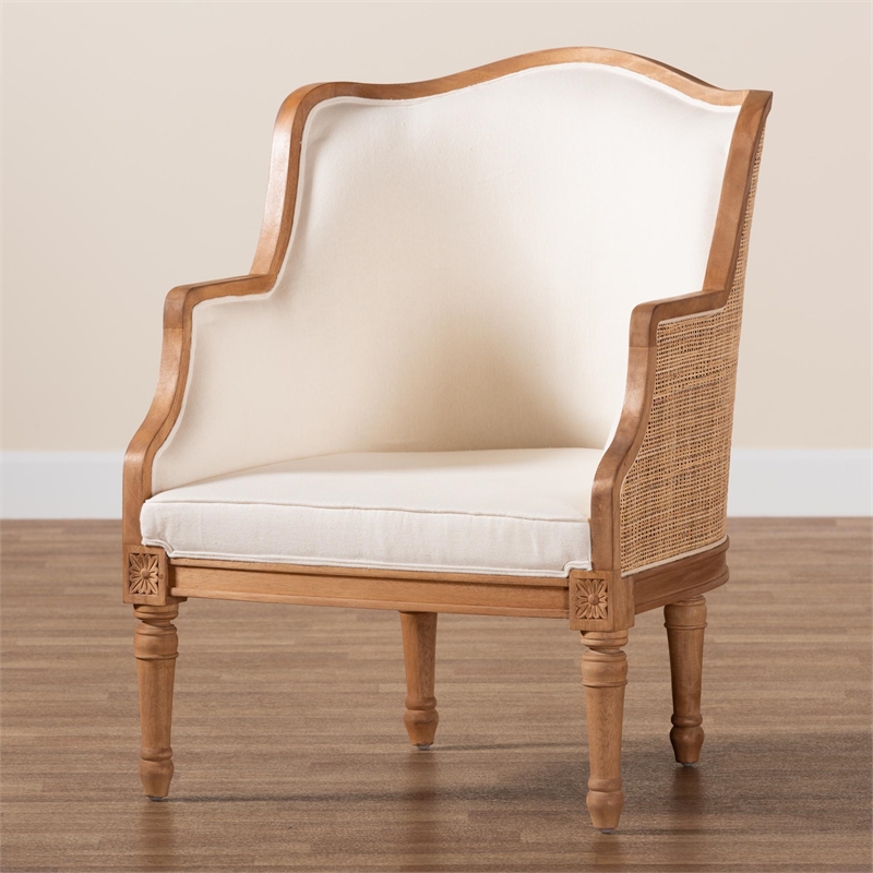 Pemberly Row Beige Fabric and Honey Oak Bayur Wood Accent Chair
