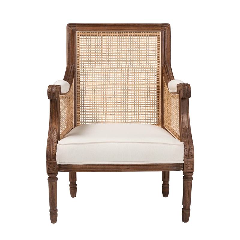 Pemberly Row Beige Fabric and Walnut Brown Bayur Wood Accent Chair