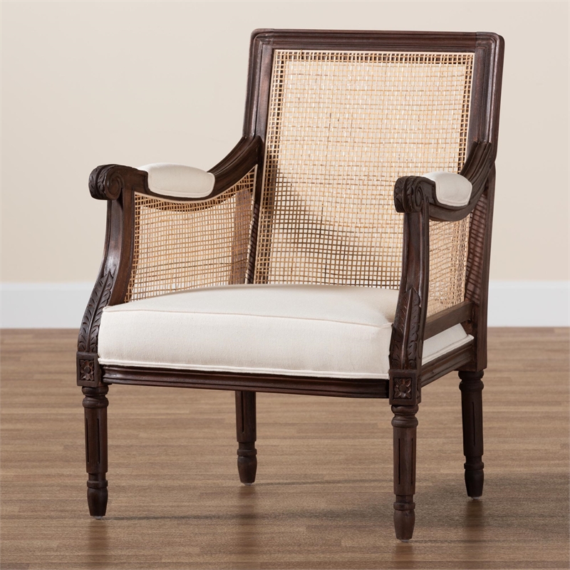 Pemberly Row Beige Fabric and Dark Brown Bayur Wood Accent Chair