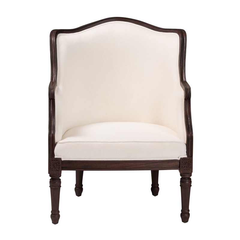 Pemberly Row Beige Fabric and Dark Brown Bayur Wood Accent Chair with Rattan