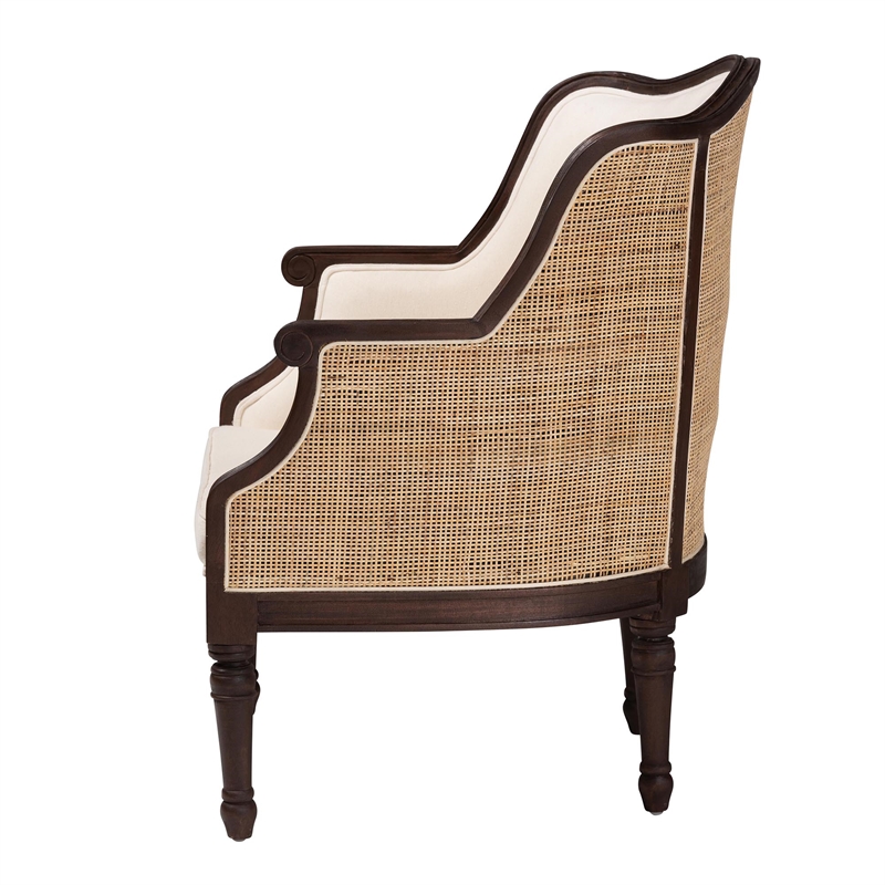 Pemberly Row Beige Fabric and Dark Brown Bayur Wood Accent Chair with Rattan