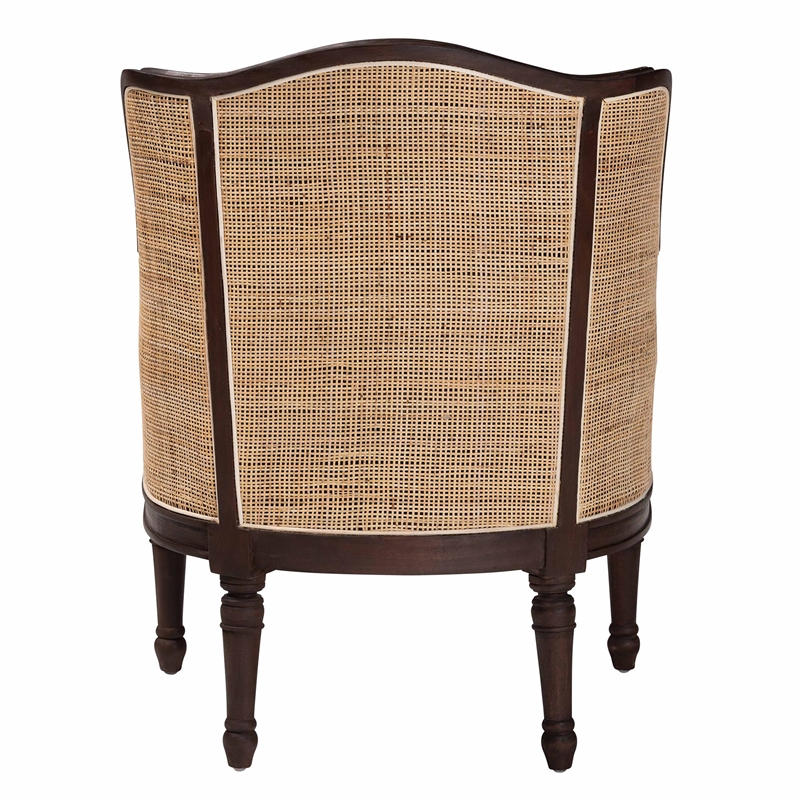 Pemberly Row Beige Fabric and Dark Brown Bayur Wood Accent Chair with Rattan