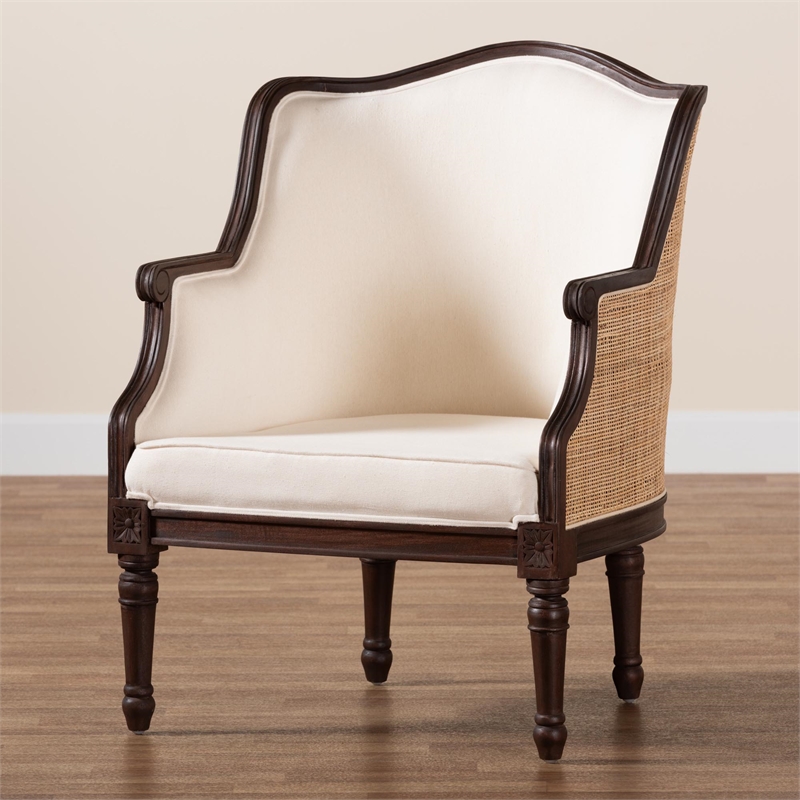 Pemberly Row Beige Fabric and Dark Brown Bayur Wood Accent Chair with Rattan