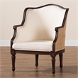Pemberly Row Beige Fabric and Dark Brown Bayur Wood Accent Chair with Rattan