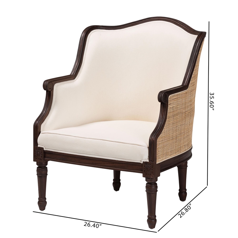 Pemberly Row Beige Fabric and Dark Brown Bayur Wood Accent Chair with Rattan
