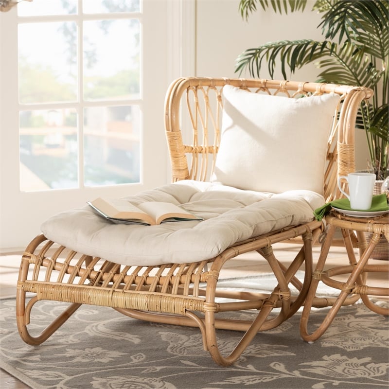 Pemberly Row Natural Brown Rattan Chaise with Removable Cushion