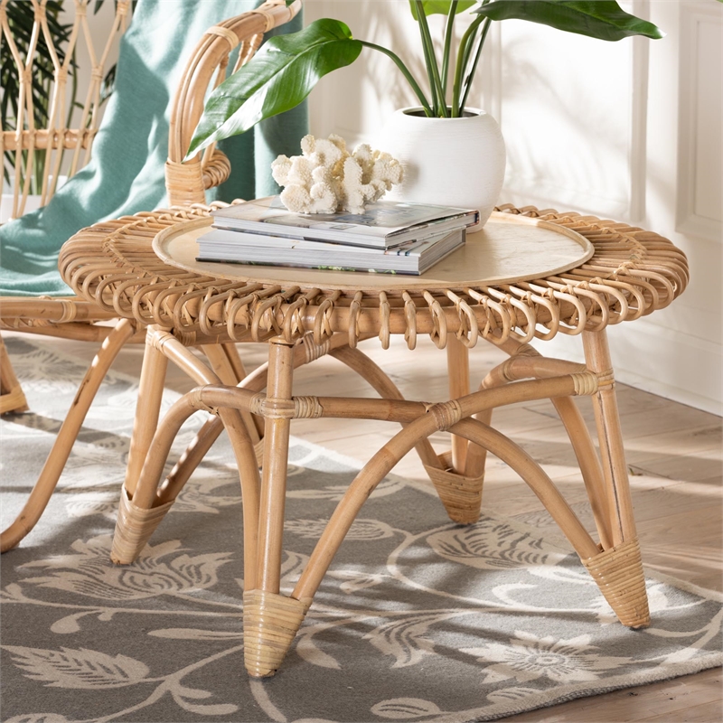 Pemberly Row Natural Rattan Round Coffee Table with Wood Top