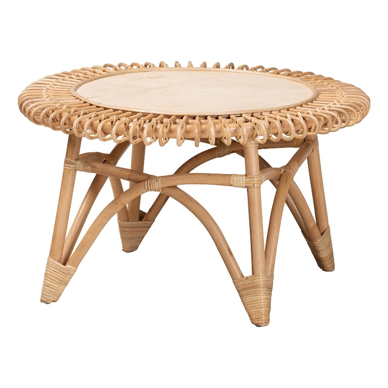 Pemberly Row Natural Rattan Round Coffee Table with Wood Top