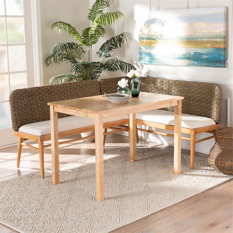 Pemberly Row Natural Seagrass and Acacia Wood 3-Piece Dining Nook Set