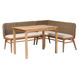 Pemberly Row Natural Seagrass and Acacia Wood 3-Piece Dining Nook Set