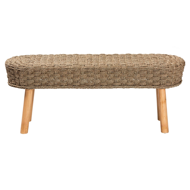Pemberly Row Natural Seagrass and Acacia Wood Oval Accent Bench