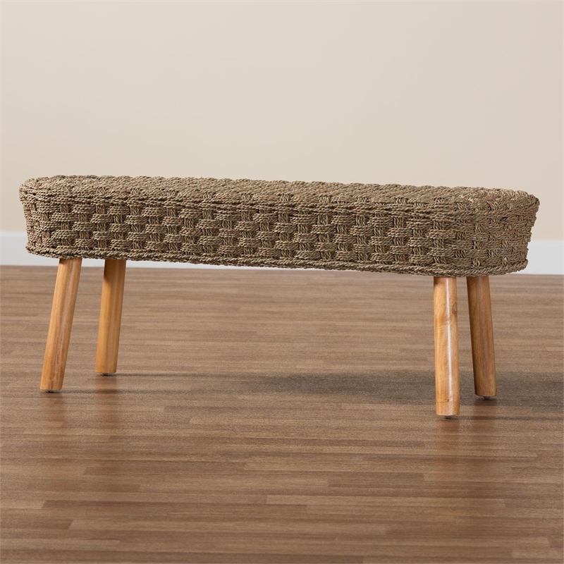 Pemberly Row Natural Seagrass and Acacia Wood Oval Accent Bench