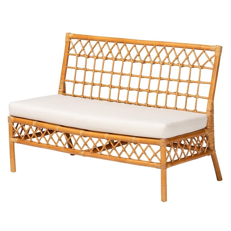 Pemberly Row Honey Rattan Dining Bench with Cushion and Openwork Back