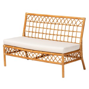 Pemberly Row Honey Rattan Dining Bench with Cushion and Openwork Back
