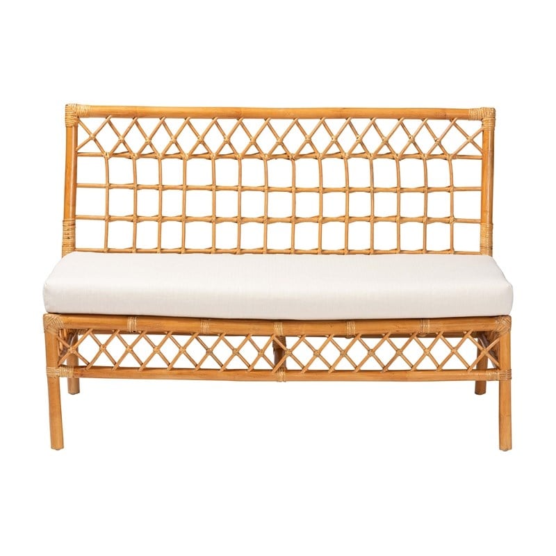 Pemberly Row Honey Rattan Dining Bench with Cushion and Openwork Back