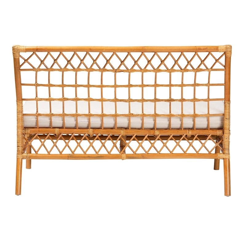 Pemberly Row Honey Rattan Dining Bench with Cushion and Openwork Back