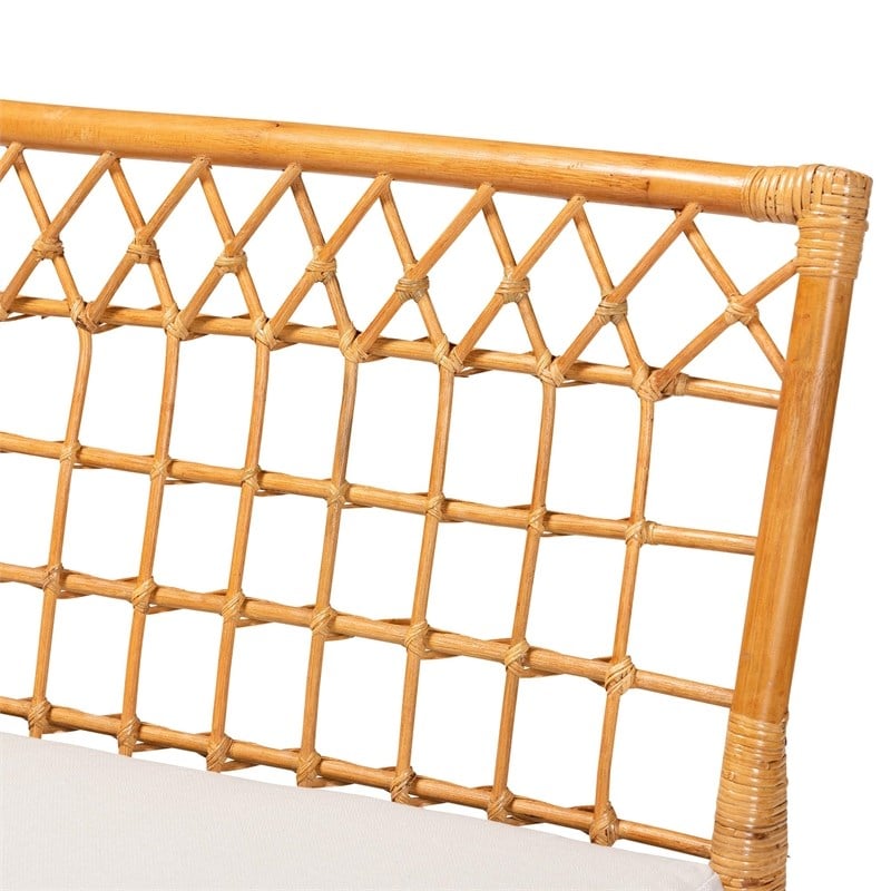 Pemberly Row Honey Rattan Dining Bench with Cushion and Openwork Back