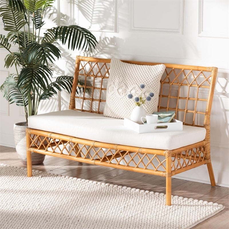 Pemberly Row Honey Rattan Dining Bench with Cushion and Openwork Back