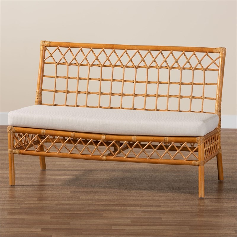 Pemberly Row Honey Rattan Dining Bench with Cushion and Openwork Back