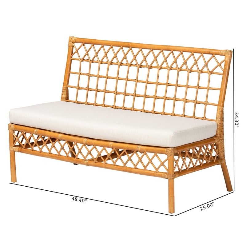 Pemberly Row Honey Rattan Dining Bench with Cushion and Openwork Back
