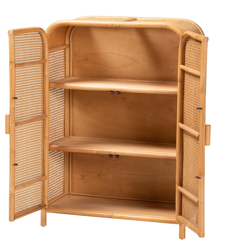 Pemberly Row Light Honey Rattan 2-Door Storage Cabinet with 3 Shelves