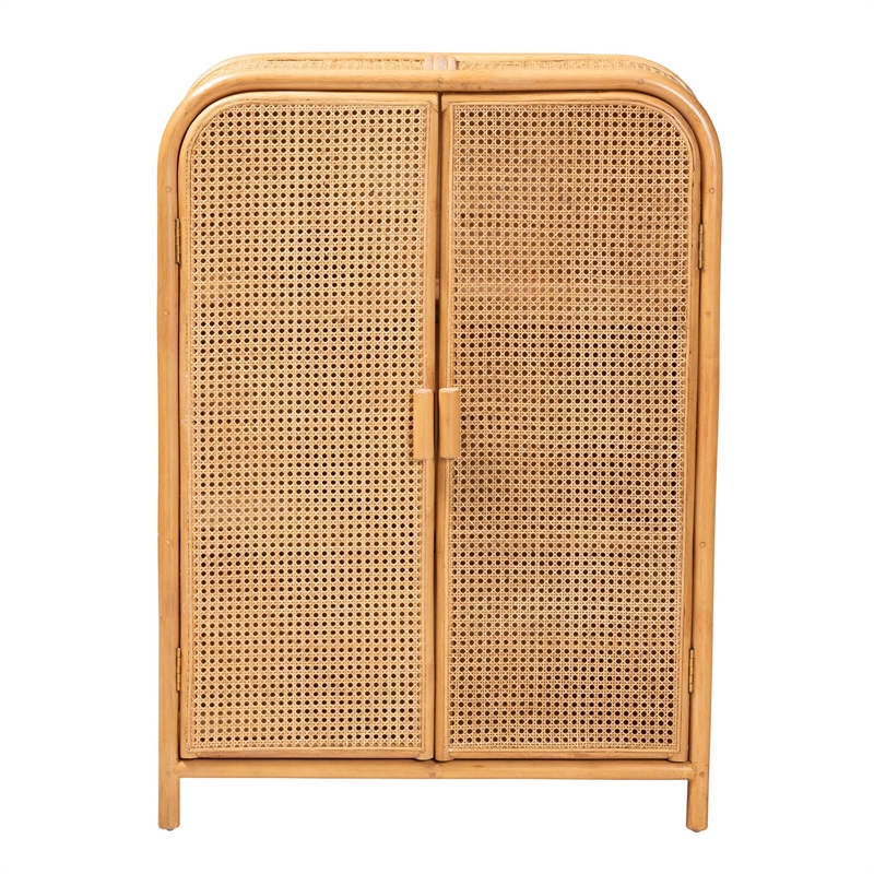Pemberly Row Light Honey Rattan 2-Door Storage Cabinet with 3 Shelves