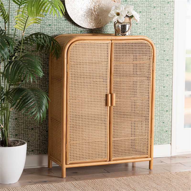Pemberly Row Light Honey Rattan 2-Door Storage Cabinet with 3 Shelves