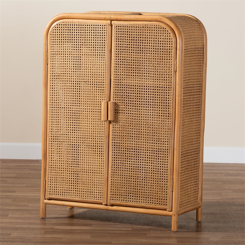 Pemberly Row Light Honey Rattan 2-Door Storage Cabinet with 3 Shelves