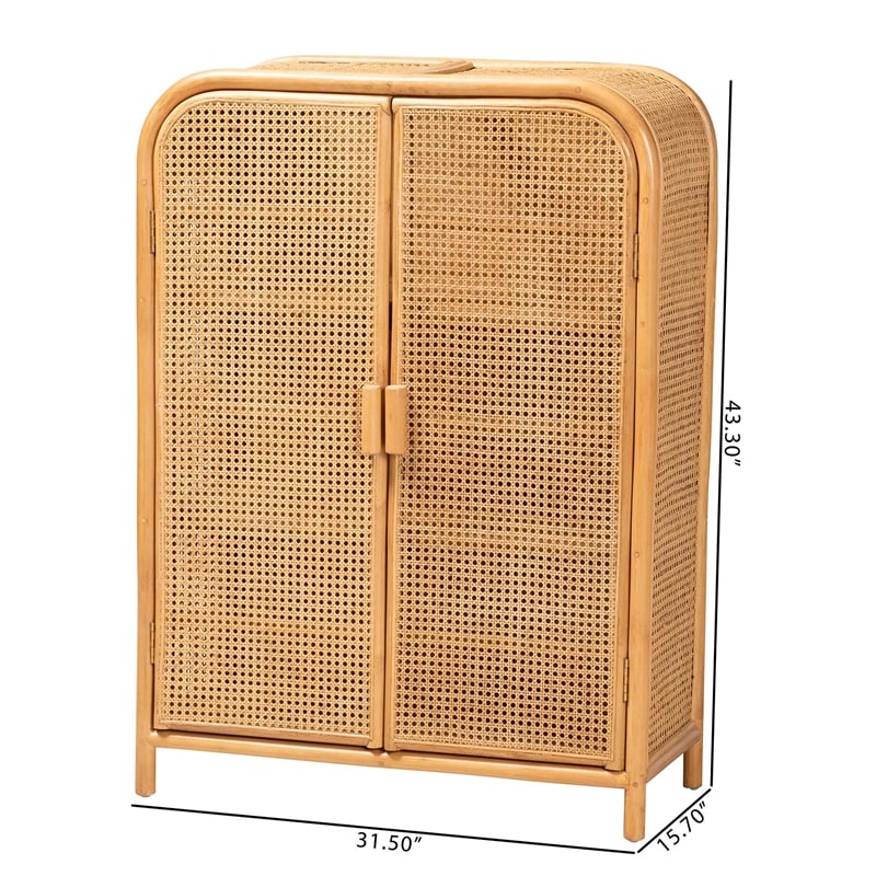 Pemberly Row Light Honey Rattan 2-Door Storage Cabinet with 3 Shelves