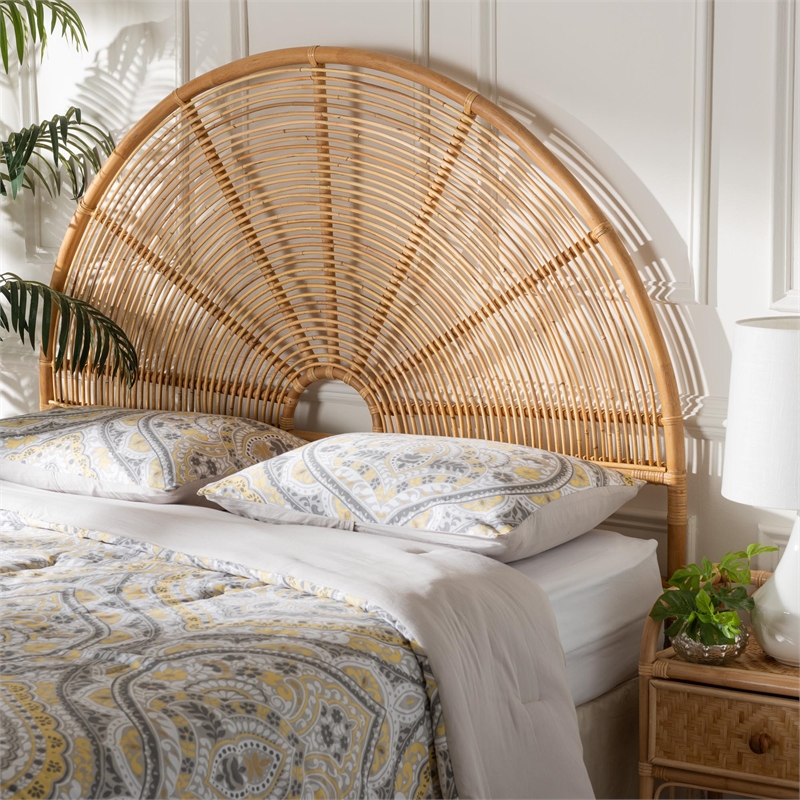 Pemberly Row Honey Rattan Queen Standalone Headboard with Round Silhouette