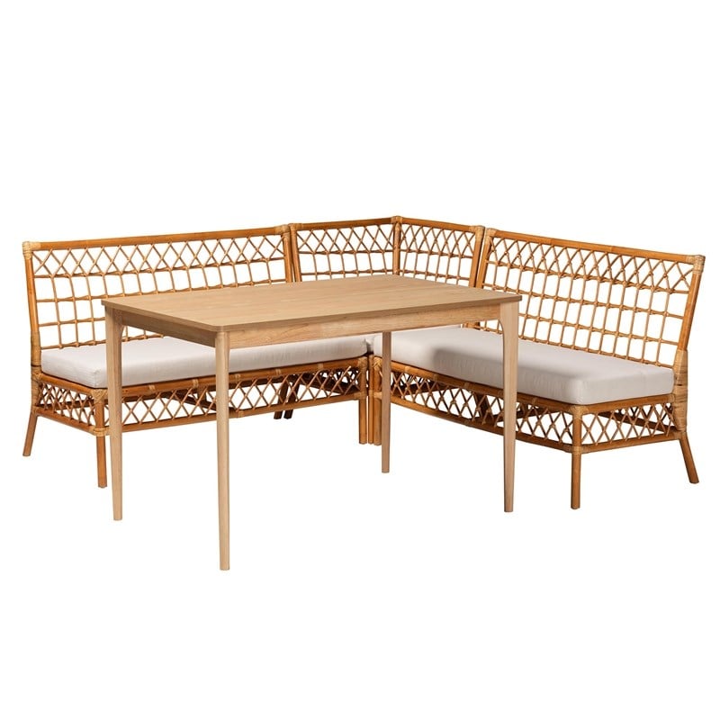 Pemberly Row Honey Rattan 4-Piece Dining Nook Set with Cushions